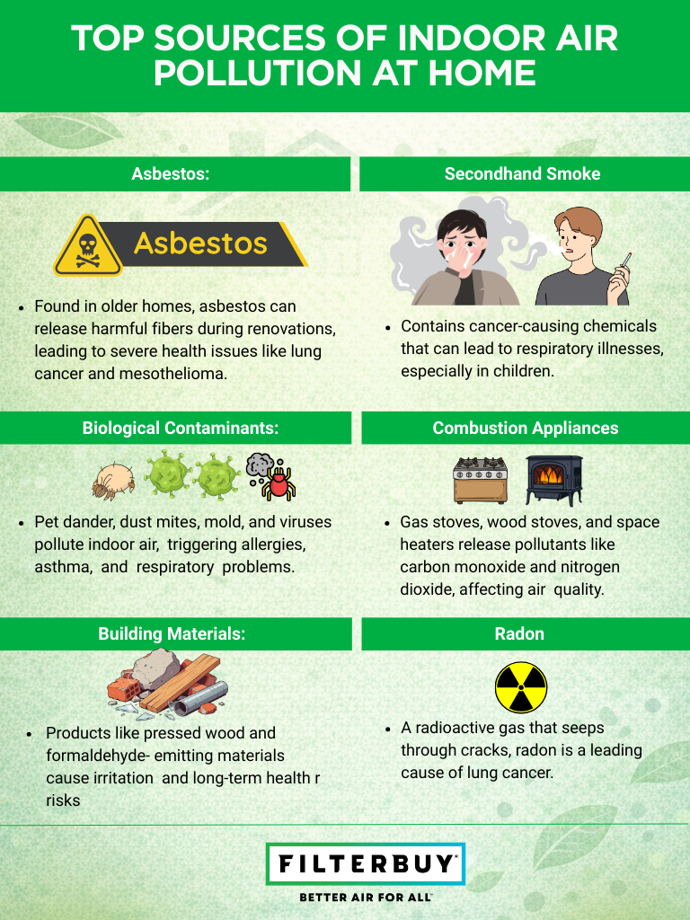Infographic of top indoor air pollution sources at home, including asbestos, secondhand smoke, mold, combustion appliances, building materials, and radon.